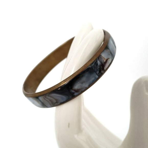 Copper Colored Metal Bangle Bracelet with Abalone Inset 8" Diameter 2 1/2" - Picture 3 of 9